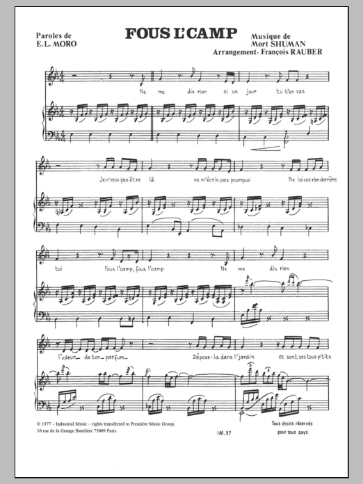 Mort Shuman Fous L'camp Sheet Music Notes & Chords for Piano & Vocal - Download or Print PDF