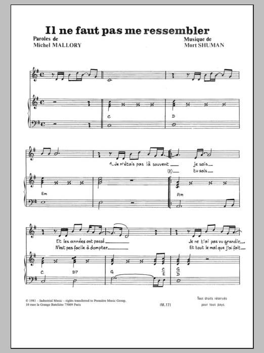 Mort Shuman Il Ne Faut Pas Me Ressembler Sheet Music Notes & Chords for Piano & Vocal - Download or Print PDF