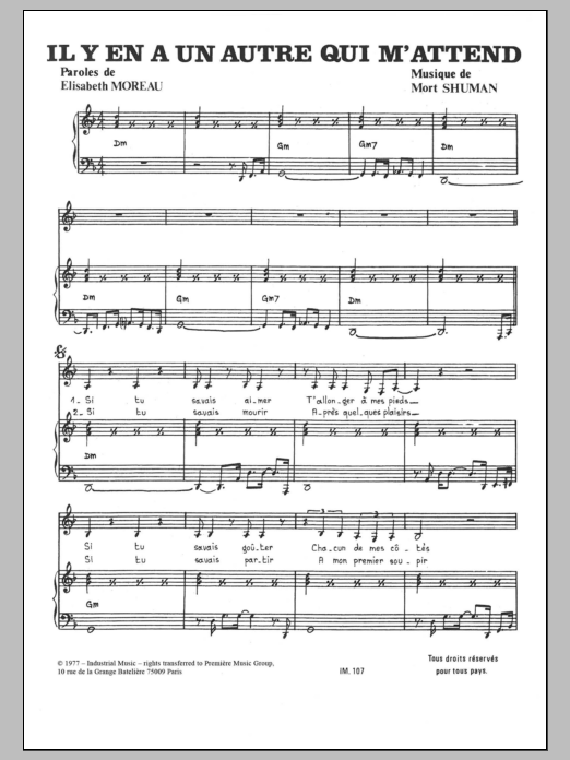 Mort Shuman Il Y A Un Autre Qui M'attend Sheet Music Notes & Chords for Piano & Vocal - Download or Print PDF