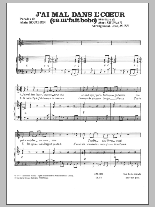 Mort Shuman J'ai Mal Dans L'coeur (Ca Me Fait Bobo) Sheet Music Notes & Chords for Piano & Vocal - Download or Print PDF