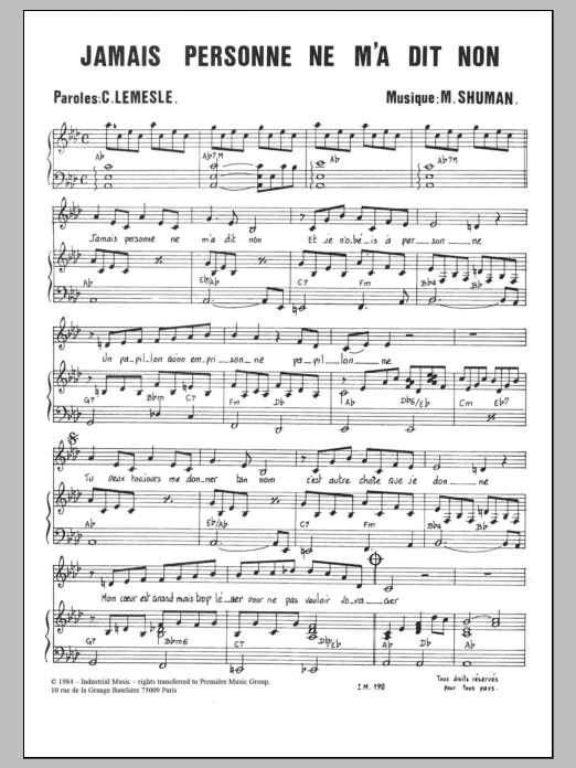 Mort Shuman Jamais Personne Ne M'a Dit Non Sheet Music Notes & Chords for Piano & Vocal - Download or Print PDF