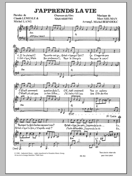 Mort Shuman J'apprends La Vie Sheet Music Notes & Chords for Piano & Vocal - Download or Print PDF