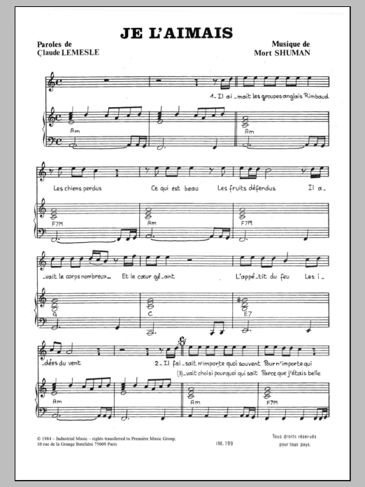 Mort Shuman Je L'aimais Sheet Music Notes & Chords for Piano & Vocal - Download or Print PDF
