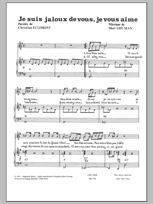 Mort Shuman Je Suis Jalouz De Vous Et Je Vous Aime Sheet Music Notes & Chords for Piano & Vocal - Download or Print PDF