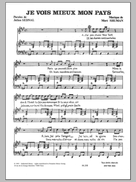Mort Shuman Je Vois Mieux Mon Pays Sheet Music Notes & Chords for Piano & Vocal - Download or Print PDF