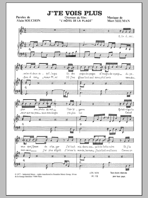 Mort Shuman J'te Vois Plus Sheet Music Notes & Chords for Piano & Vocal - Download or Print PDF