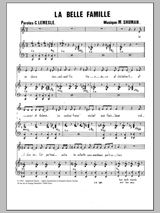 Mort Shuman La Belle Famille Sheet Music Notes & Chords for Piano & Vocal - Download or Print PDF