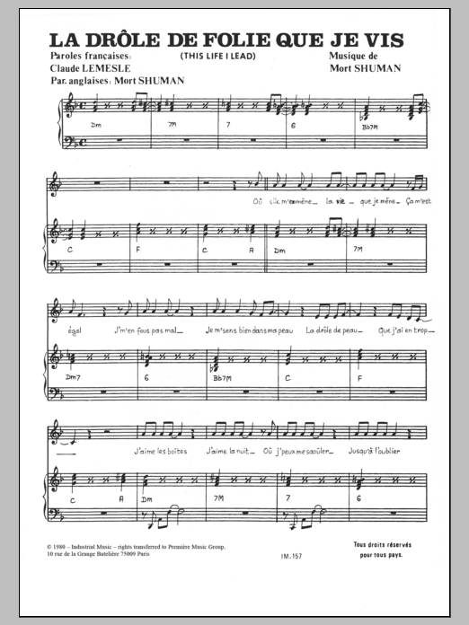 Mort Shuman La Drole De Folie Que Je Vis Sheet Music Notes & Chords for Piano & Vocal - Download or Print PDF