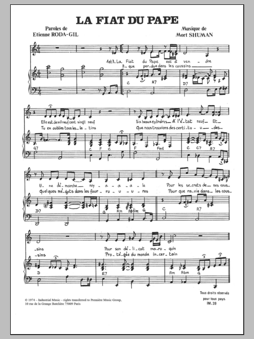 Mort Shuman La Fiat Du Pape Sheet Music Notes & Chords for Piano & Vocal - Download or Print PDF