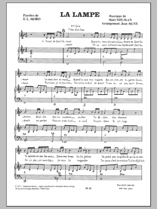 Mort Shuman La Lampe Sheet Music Notes & Chords for Piano & Vocal - Download or Print PDF