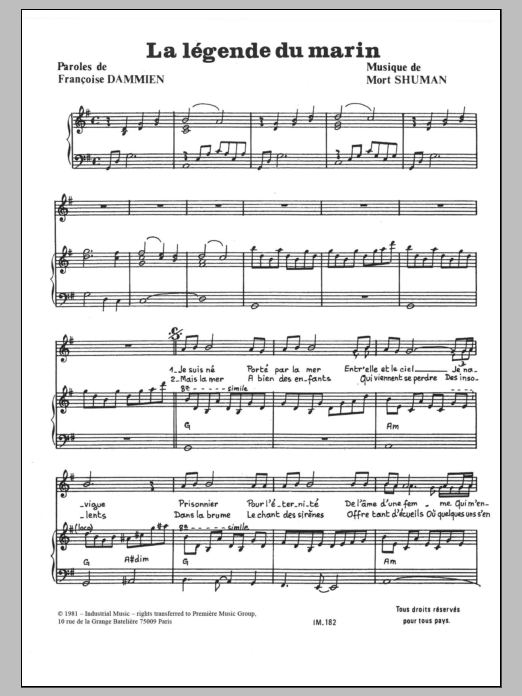Mort Shuman La Legende Du Marin Sheet Music Notes & Chords for Piano & Vocal - Download or Print PDF