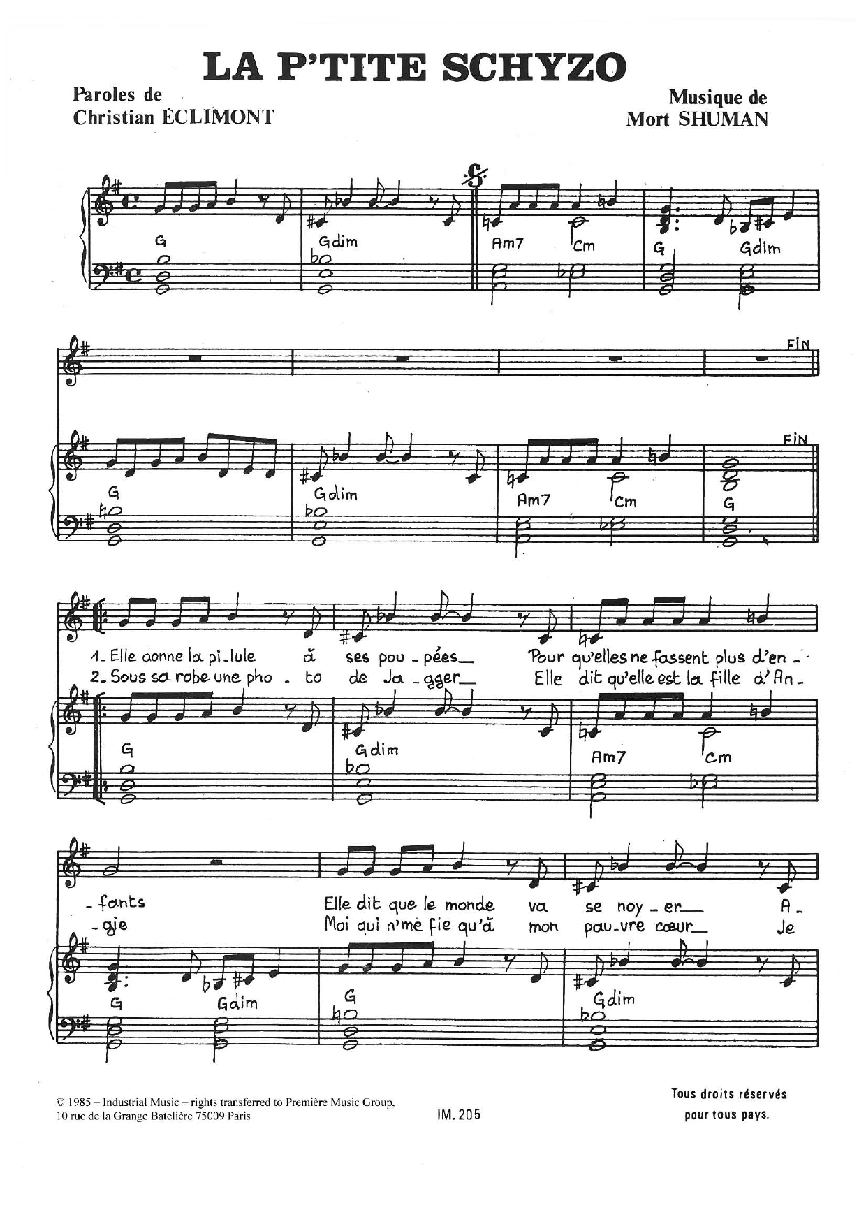 Mort Shuman La P'tite Schyzo Sheet Music Notes & Chords for Piano & Vocal - Download or Print PDF