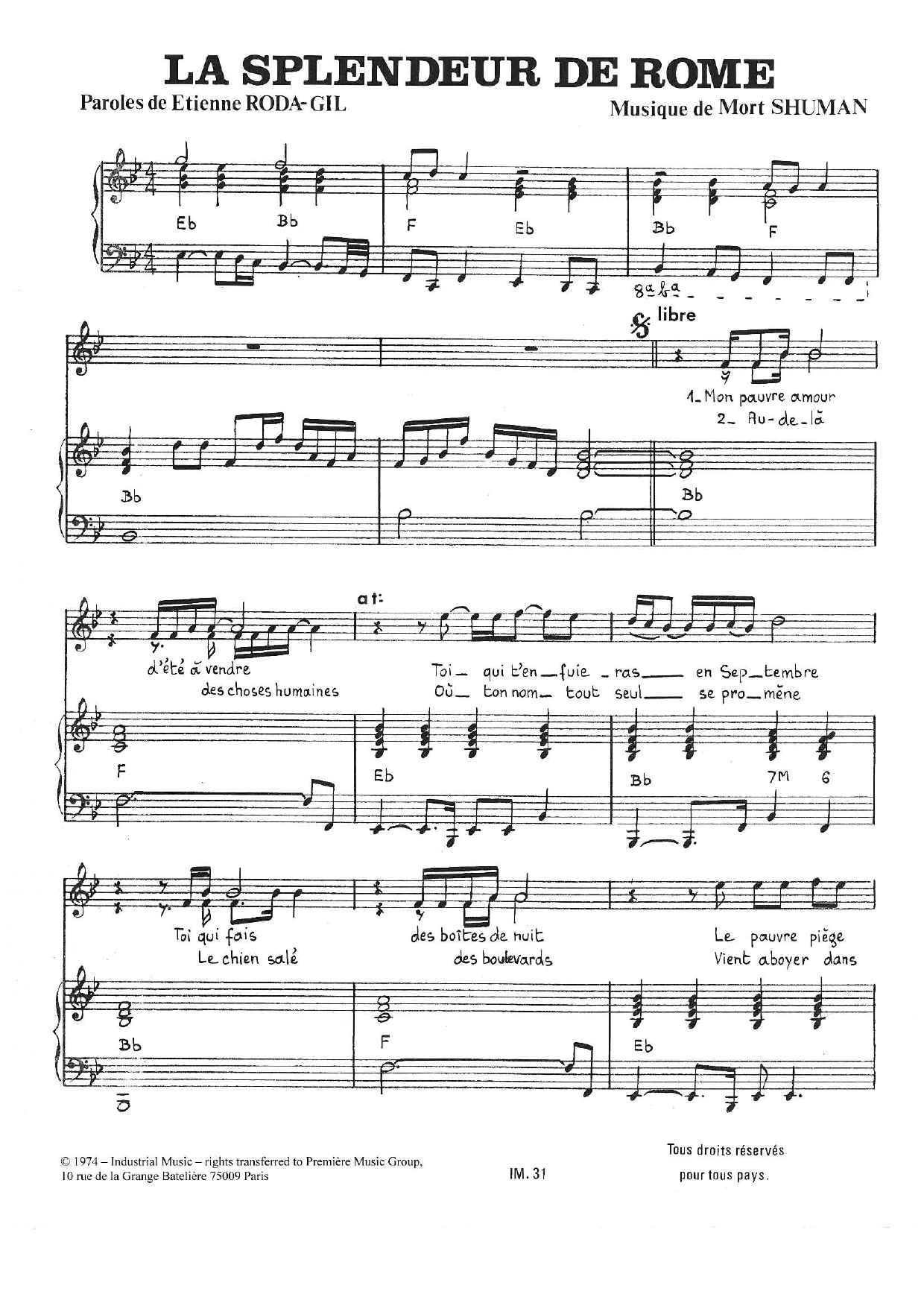 Mort Shuman La Splendeur De Rome Sheet Music Notes & Chords for Piano & Vocal - Download or Print PDF
