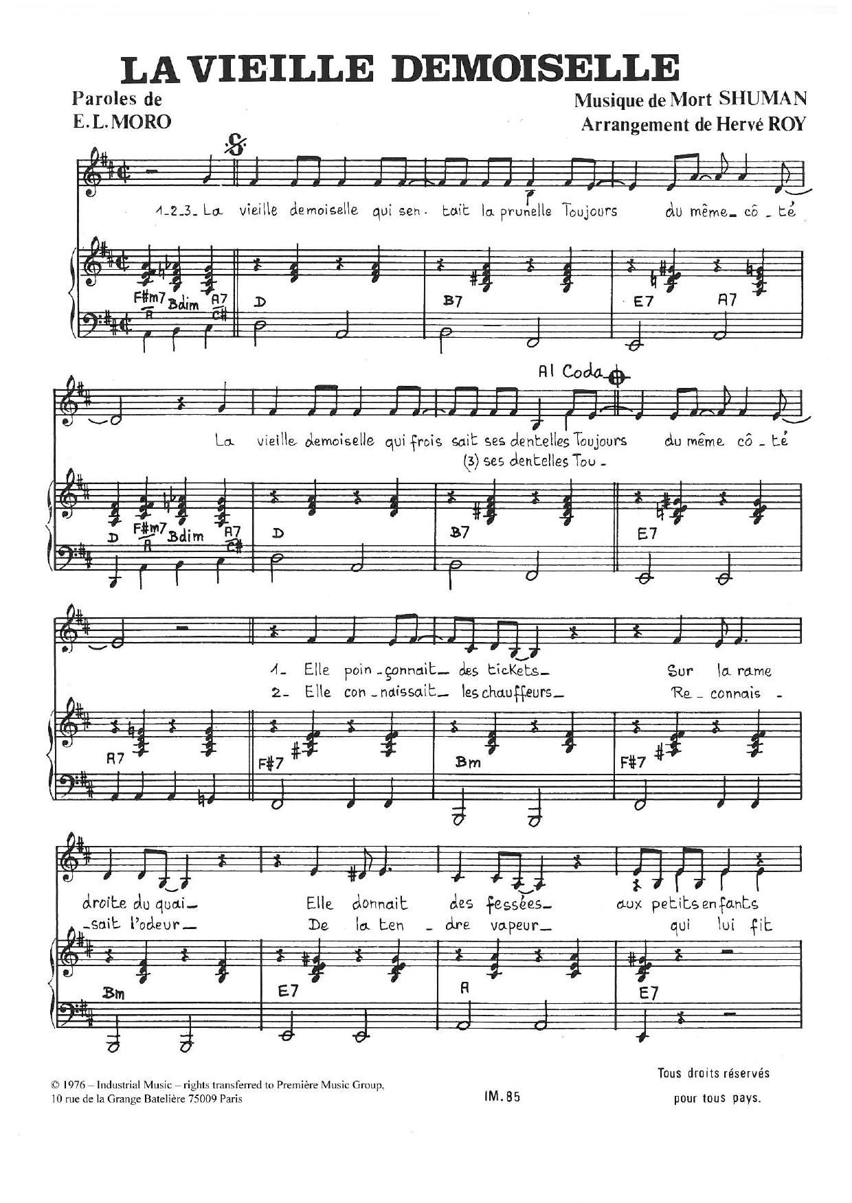 Mort Shuman La Vieille Demoiselle Sheet Music Notes & Chords for Piano & Vocal - Download or Print PDF