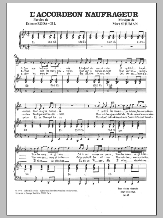 Mort Shuman L'Accordeon Naufrageur Sheet Music Notes & Chords for Piano & Vocal - Download or Print PDF