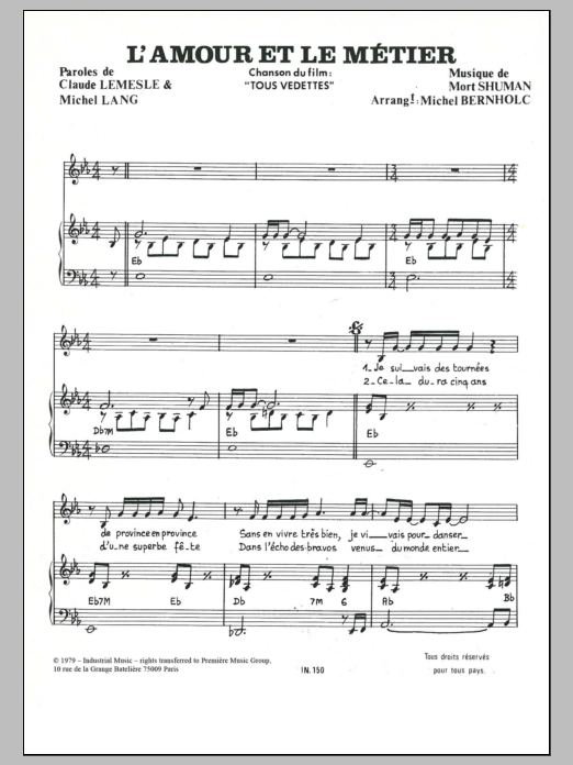 Mort Shuman L'Amour Et Le Metier Sheet Music Notes & Chords for Piano & Vocal - Download or Print PDF
