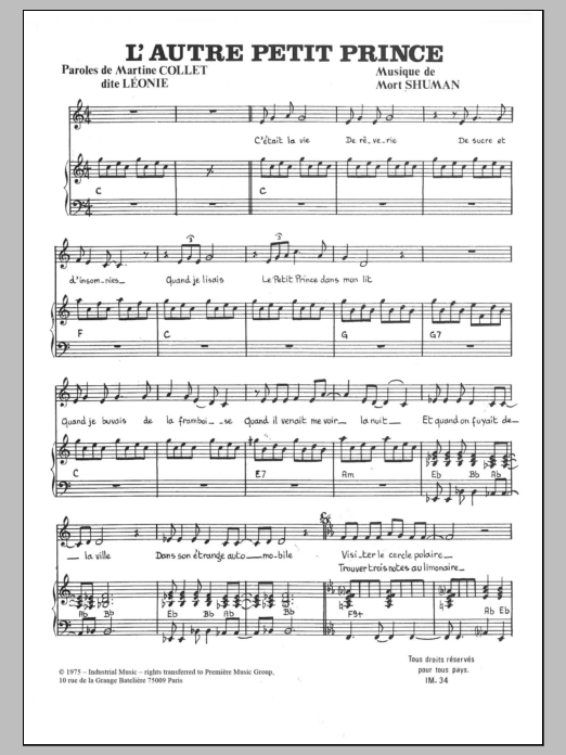 Mort Shuman L'Autre Petit Prince Sheet Music Notes & Chords for Piano & Vocal - Download or Print PDF