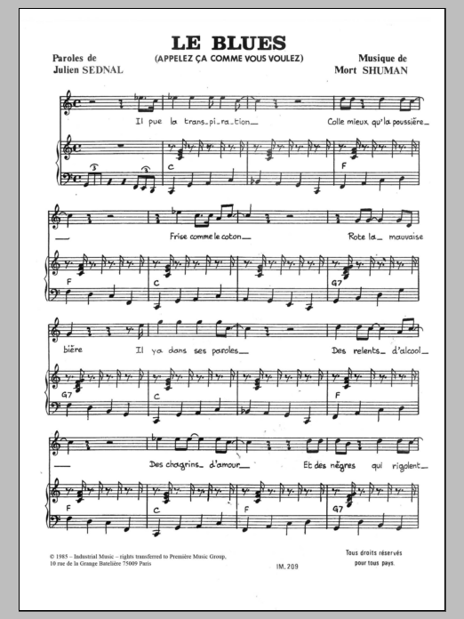 Mort Shuman Le Blues Sheet Music Notes & Chords for Piano & Vocal - Download or Print PDF