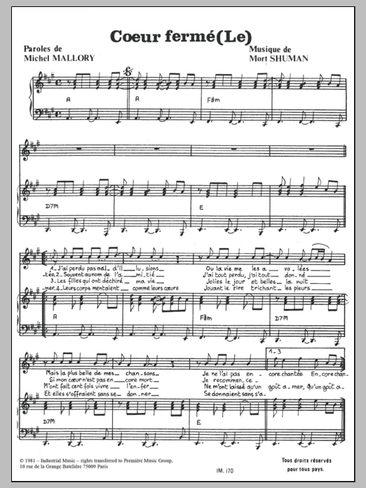Mort Shuman Le Coeur Ferme Sheet Music Notes & Chords for Piano & Vocal - Download or Print PDF