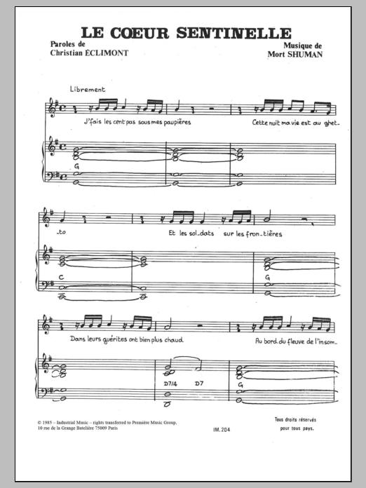 Mort Shuman Le Coeur Sentinelle Sheet Music Notes & Chords for Piano & Vocal - Download or Print PDF