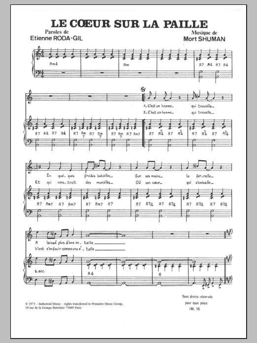 Mort Shuman Le Coeur Sur La Paille Sheet Music Notes & Chords for Piano & Vocal - Download or Print PDF