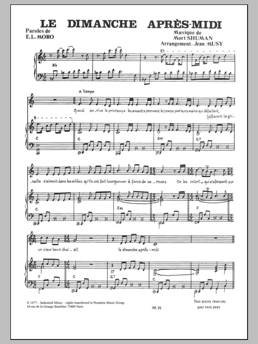 Mort Shuman Le Dimanche Apres-Midi Sheet Music Notes & Chords for Piano & Vocal - Download or Print PDF