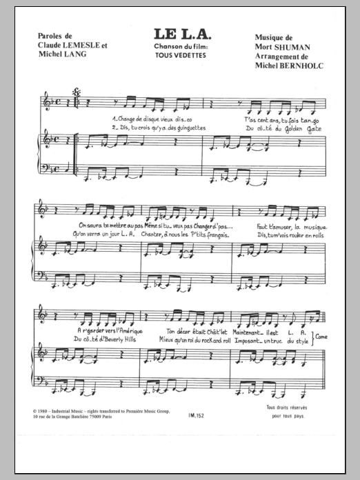 Mort Shuman Le L.A. Sheet Music Notes & Chords for Piano & Vocal - Download or Print PDF