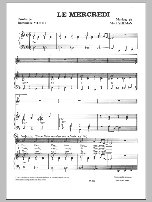 Mort Shuman Le Mercredi Sheet Music Notes & Chords for Piano & Vocal - Download or Print PDF