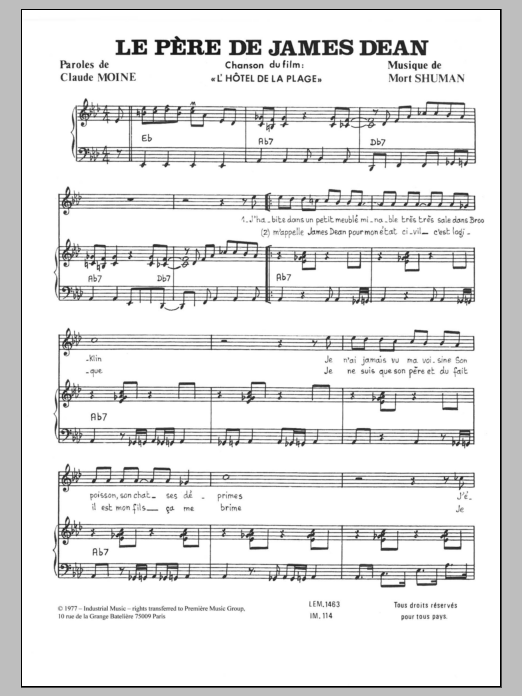Mort Shuman Le Pere De James Dean Sheet Music Notes & Chords for Piano & Vocal - Download or Print PDF