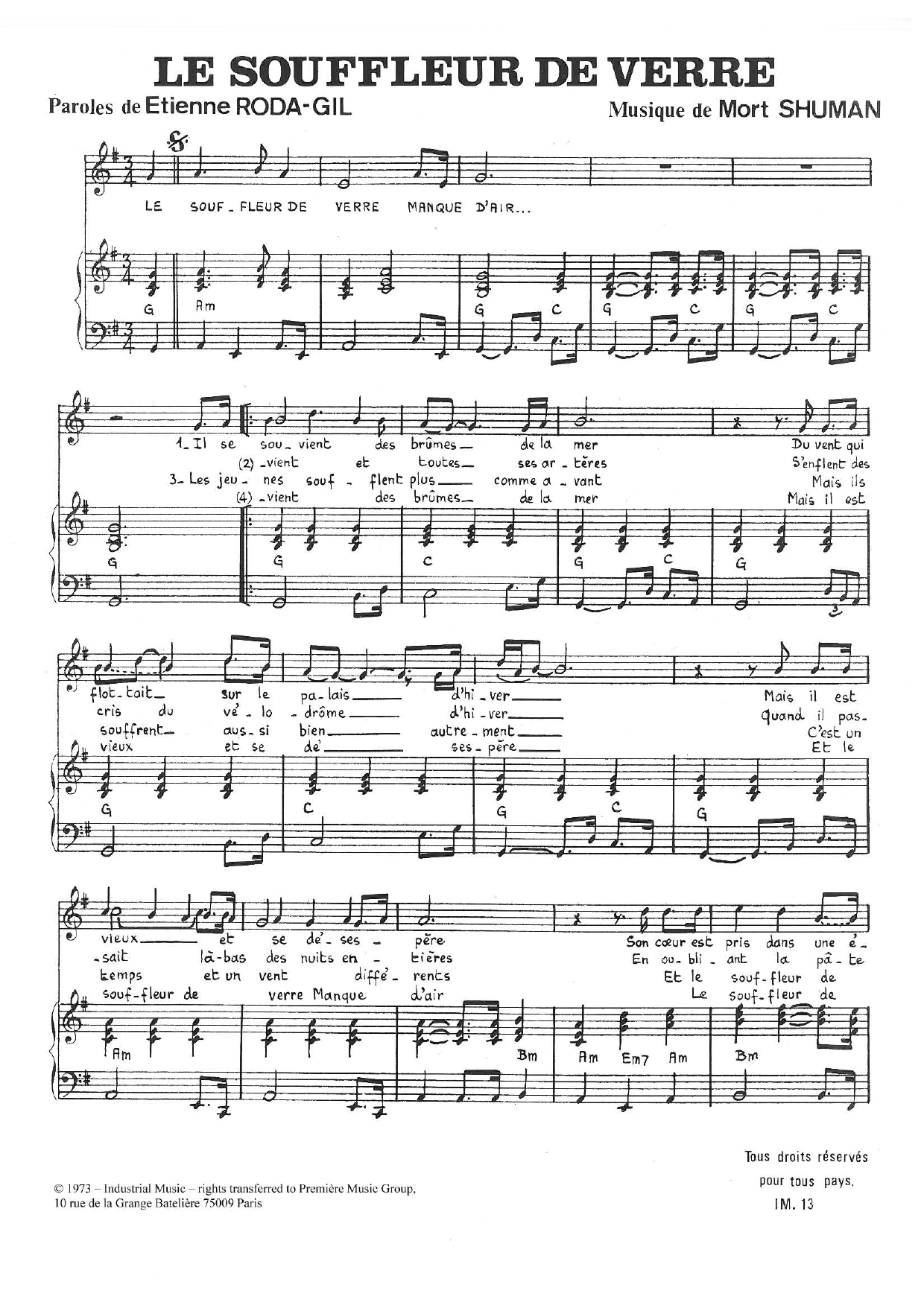 Mort Shuman Le Souffleur De Verre Sheet Music Notes & Chords for Piano & Vocal - Download or Print PDF