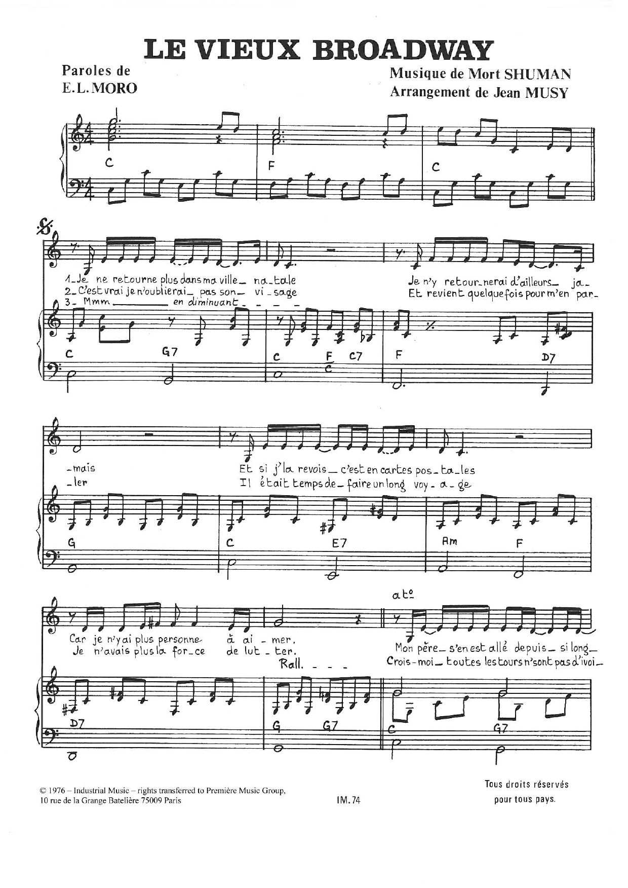 Mort Shuman Le Vieux Broadway Sheet Music Notes & Chords for Piano & Vocal - Download or Print PDF