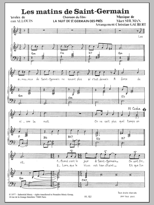 Mort Shuman Les Matins De Saint-Germain Sheet Music Notes & Chords for Piano & Vocal - Download or Print PDF