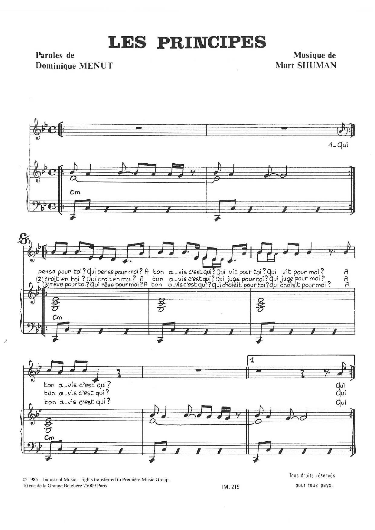 Mort Shuman Les Principes Sheet Music Notes & Chords for Piano & Vocal - Download or Print PDF