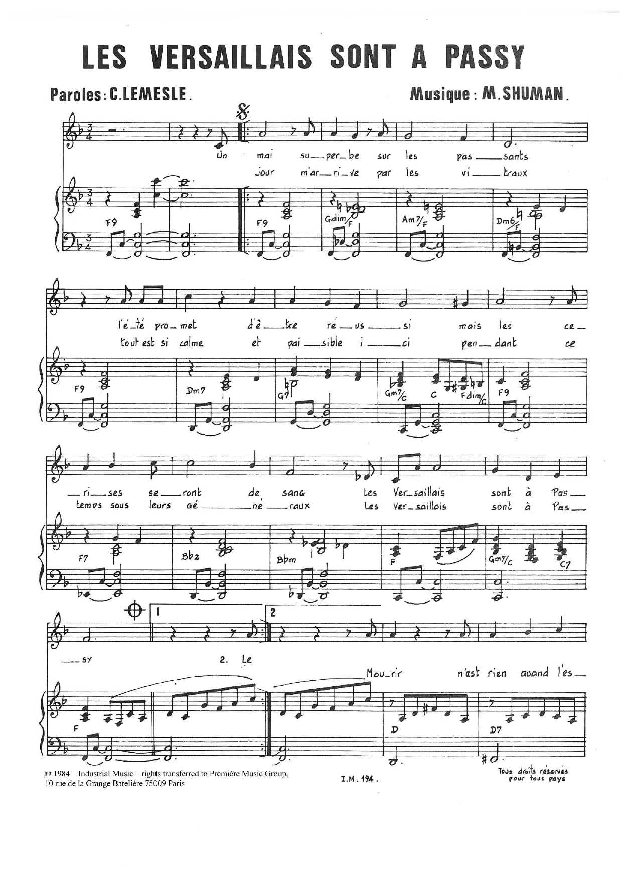 Mort Shuman Les Versaillais Sont A Passy Sheet Music Notes & Chords for Piano & Vocal - Download or Print PDF