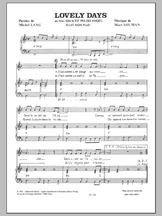 Mort Shuman Lovely Days Sheet Music Notes & Chords for Piano & Vocal - Download or Print PDF