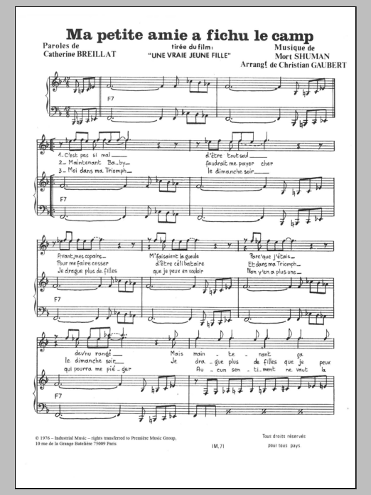 Mort Shuman Ma Petite Amie A Fichu Le Camp Sheet Music Notes & Chords for Piano & Vocal - Download or Print PDF