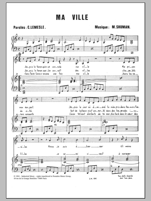 Mort Shuman Ma Ville Sheet Music Notes & Chords for Piano & Vocal - Download or Print PDF