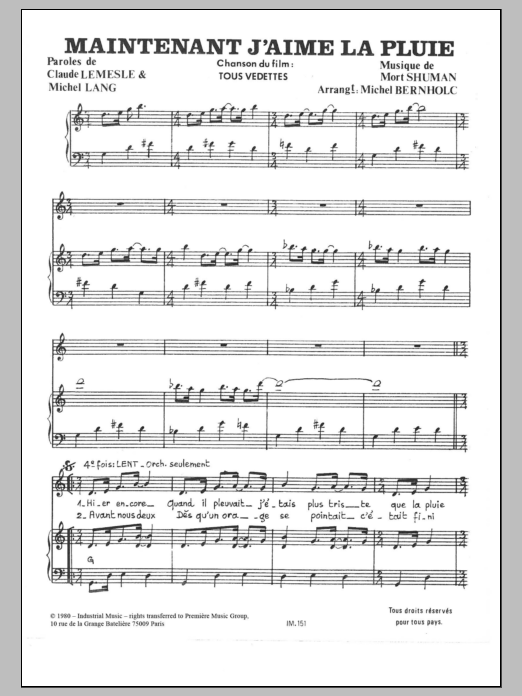 Mort Shuman Maintenant J'aime La Pluie Sheet Music Notes & Chords for Piano & Vocal - Download or Print PDF
