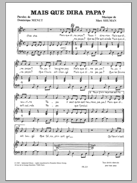 Mort Shuman Mais Que Dira Papa Sheet Music Notes & Chords for Piano & Vocal - Download or Print PDF