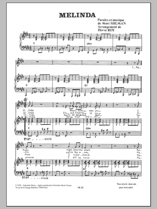Mort Shuman Melinda Sheet Music Notes & Chords for Piano & Vocal - Download or Print PDF