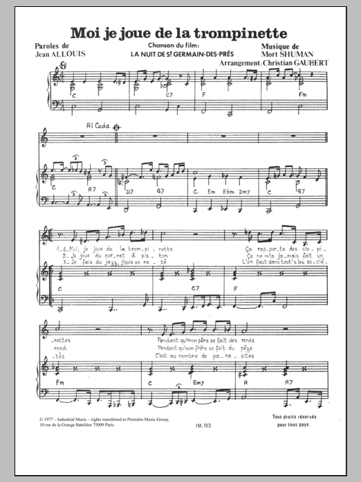 Mort Shuman Moi Je Joue De La Trompinette Sheet Music Notes & Chords for Piano & Vocal - Download or Print PDF