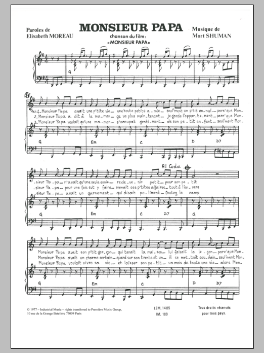 Mort Shuman Monsieur Papa Sheet Music Notes & Chords for Piano & Vocal - Download or Print PDF