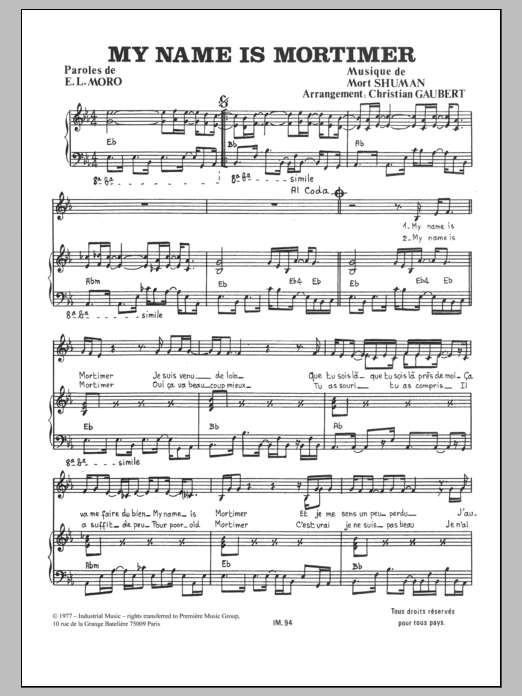 Mort Shuman My Name Is Mortimer Sheet Music Notes & Chords for Piano & Vocal - Download or Print PDF