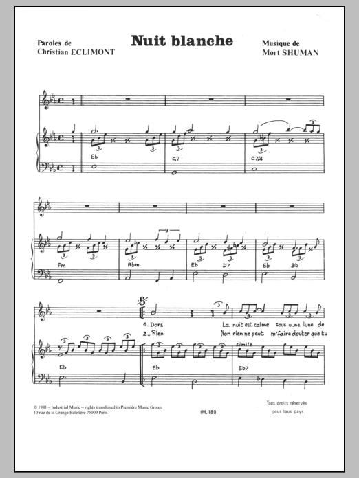 Mort Shuman Nuit Blanche Sheet Music Notes & Chords for Piano & Vocal - Download or Print PDF
