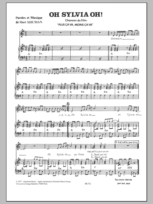 Mort Shuman Oh Sylvia Oh Sheet Music Notes & Chords for Piano & Vocal - Download or Print PDF