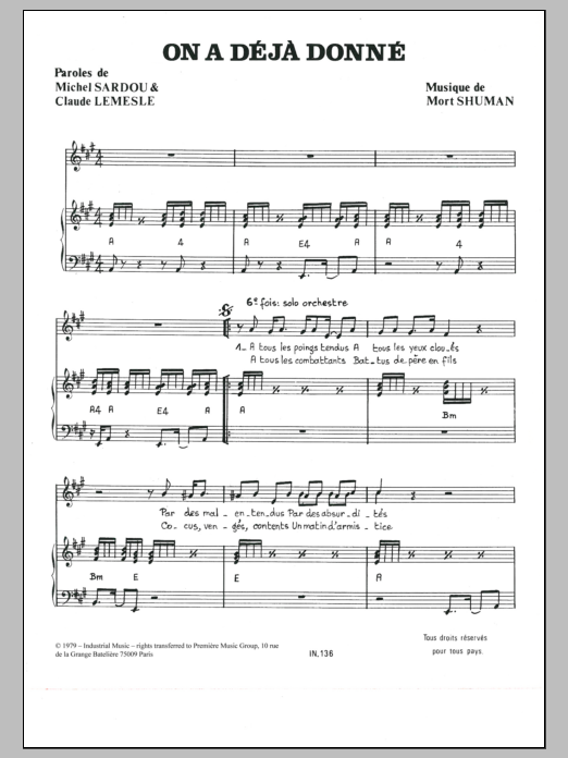 Mort Shuman On A Deja Donne Sheet Music Notes & Chords for Piano & Vocal - Download or Print PDF