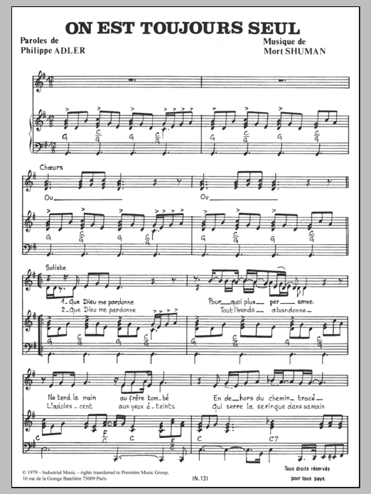 Mort Shuman On Est Toujours Seul Sheet Music Notes & Chords for Piano & Vocal - Download or Print PDF