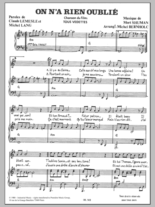 Mort Shuman On N'a Rien Oublie Sheet Music Notes & Chords for Piano & Vocal - Download or Print PDF