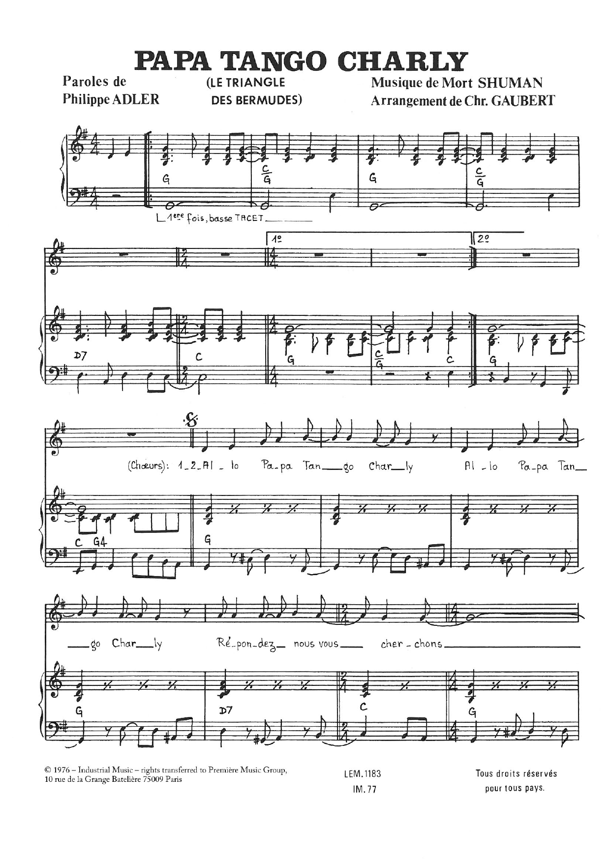 Mort Shuman Papa Tango Charly Sheet Music Notes & Chords for Piano & Vocal - Download or Print PDF