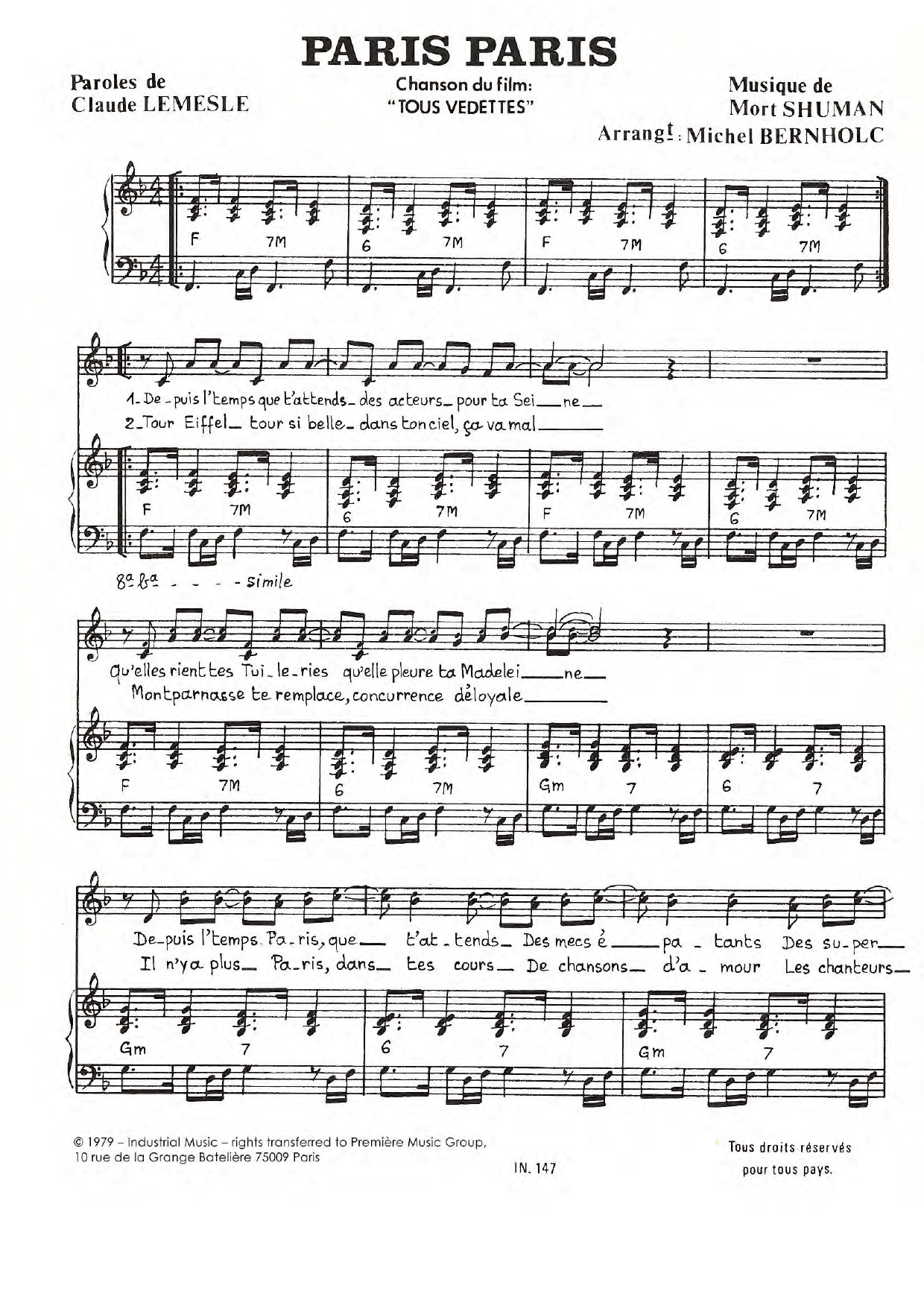 Mort Shuman Paris Paris Sheet Music Notes & Chords for Piano & Vocal - Download or Print PDF